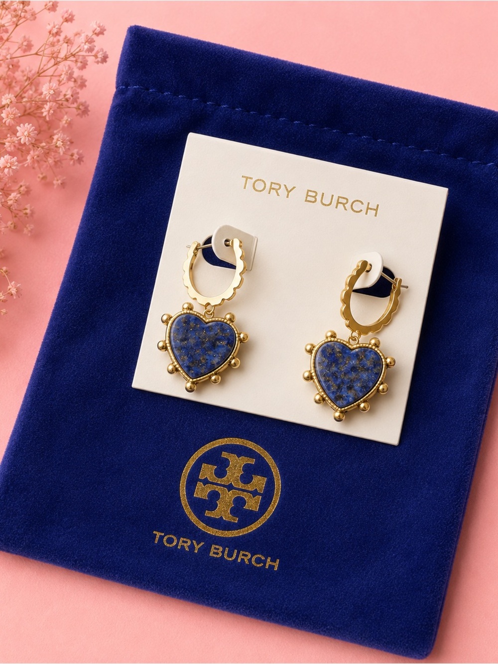 Tory Burch Gold Hoop Earrings with Blue Heart Stone